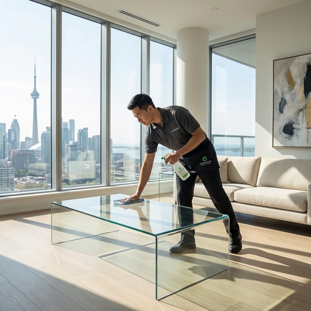 Professional house cleaner providing residential cleaning service in a modern GTA home