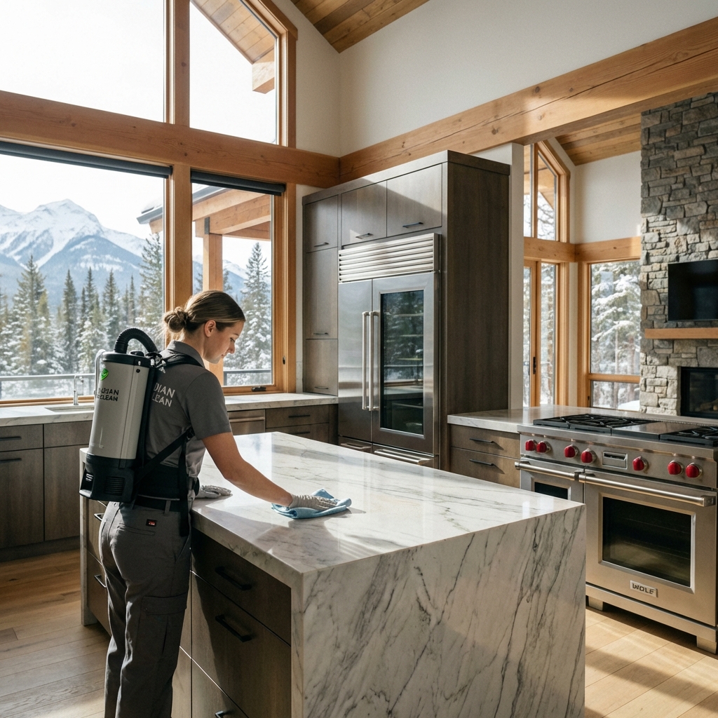 Professional cleaner providing post-construction cleaning service in a newly renovated Canadian home
