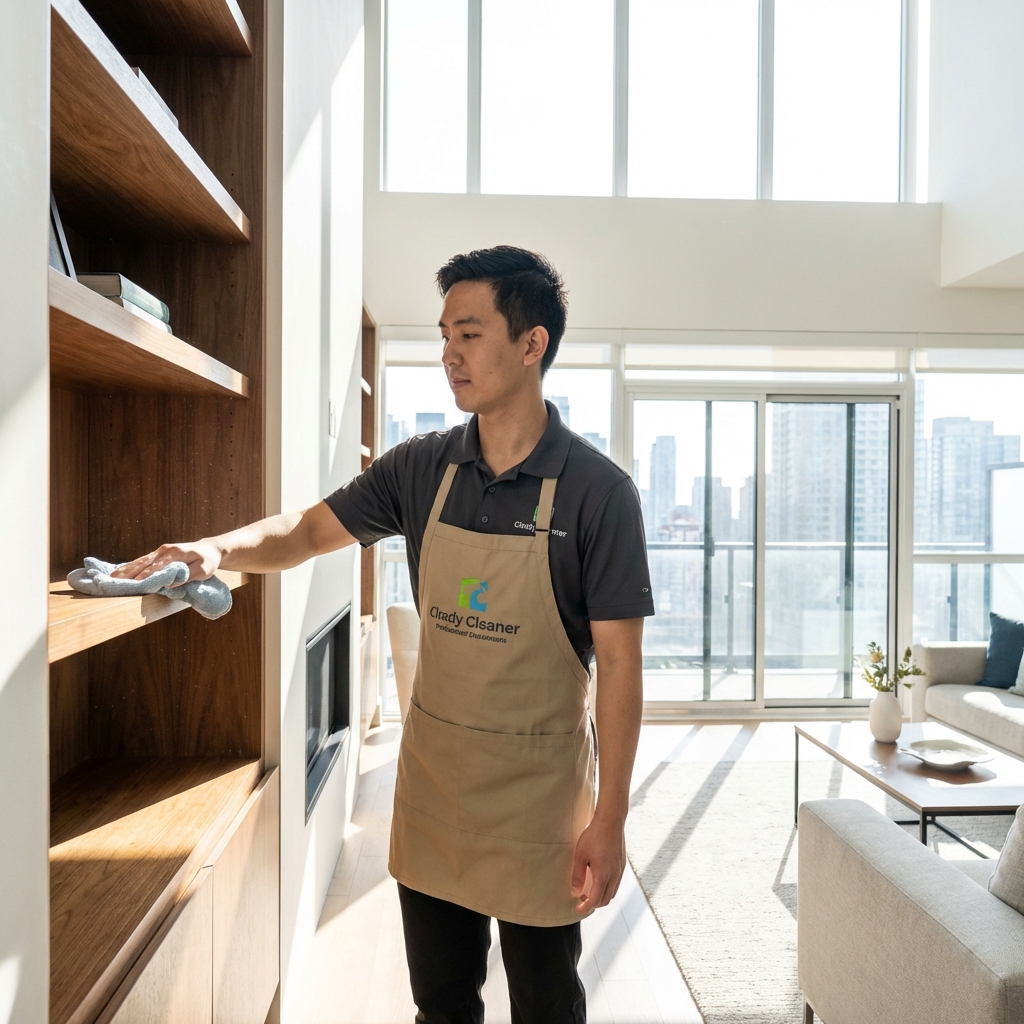 Professional cleaner providing residential cleaning service in a modern Canadian home