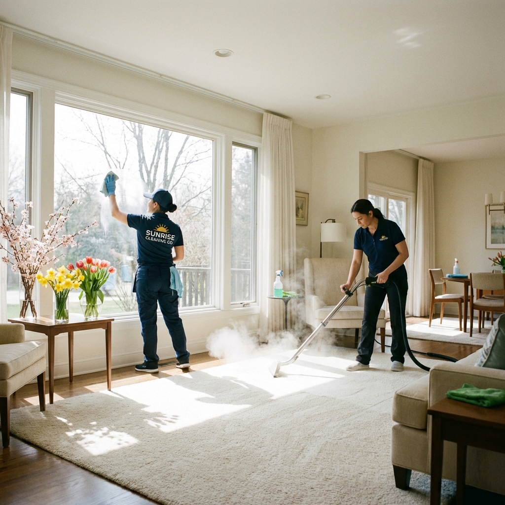 Professional cleaning team providing thorough spring cleaning service in a Canadian home