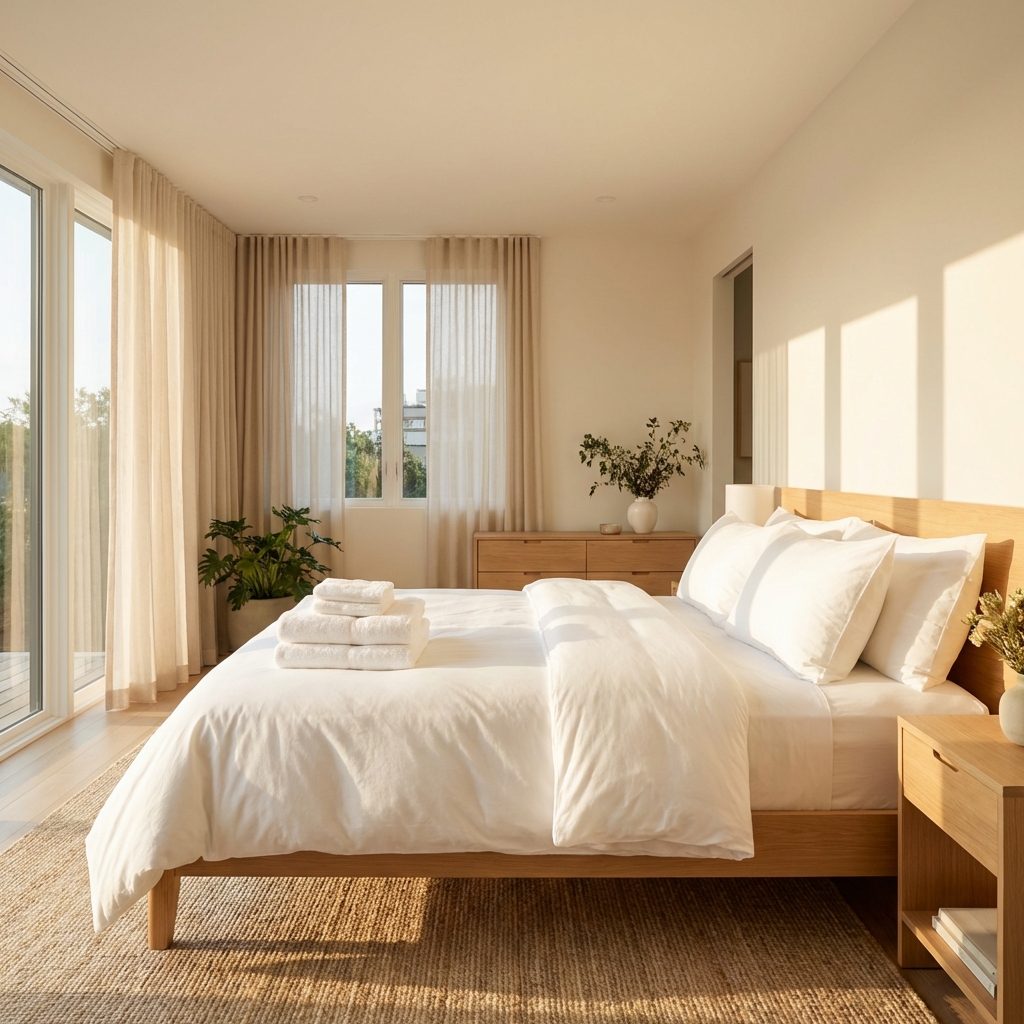 Professional cleaner preparing an Airbnb vacation rental property in Canada for guests